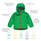 Green waterproof puffer jacket with fleece lining in the hood and body, detachable hood, and elasticated cuffs for protection.